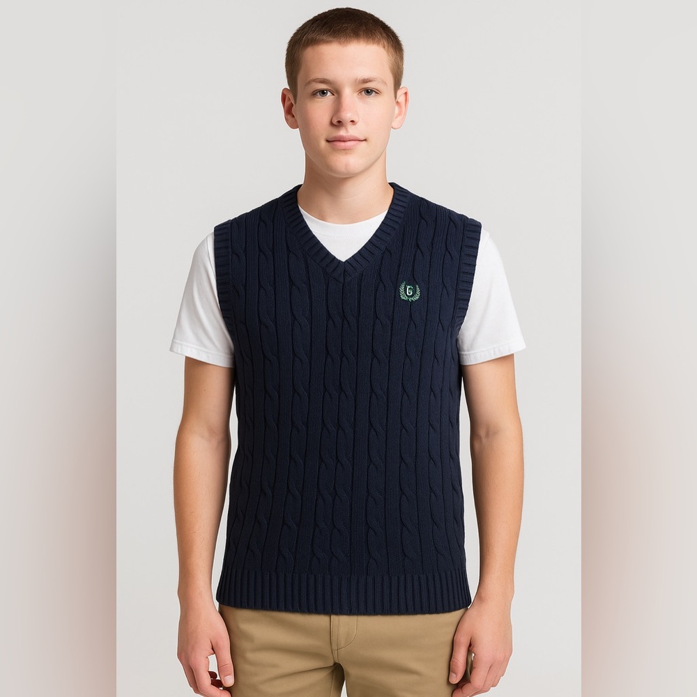 Chaps Boys L 14-16 Navy Blue Cable Knit Sweater Vest 100% Cotton Preppy